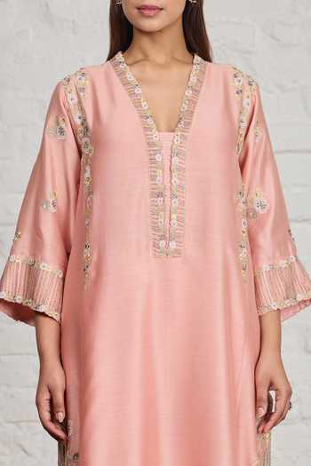 Sue Mue_Peach Silk, Cotton, Chanderi, Tissue Fern Floral Embroidered Kurta Salwar Set _Online_at_Aza_Fashions