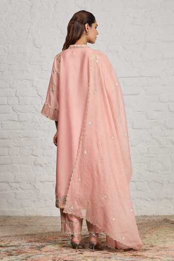 Shop_Sue Mue_Peach Silk, Cotton, Chanderi, Tissue Fern Floral Embroidered Kurta Salwar Set _at_Aza_Fashions