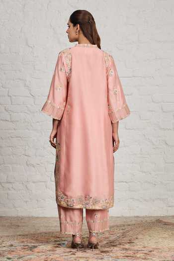 Buy_Sue Mue_Peach Silk, Cotton, Chanderi, Tissue Fern Floral Embroidered Kurta Salwar Set _Online_at_Aza_Fashions