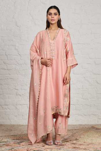 Buy_Sue Mue_Peach Silk, Cotton, Chanderi, Tissue Fern Floral Embroidered Kurta Salwar Set _at_Aza_Fashions