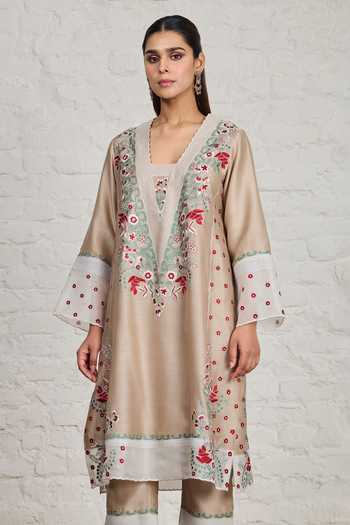 Sue Mue_Beige Silk, Organza, Chanderi Square Neck, Yes Eira Embroidered Kurta Pant Set _Online_at_Aza_Fashions