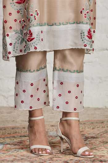 Buy_Sue Mue_Beige Silk, Organza, Chanderi Square Neck, Yes Eira Embroidered Kurta Pant Set _Online_at_Aza_Fashions
