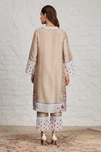 Shop_Sue Mue_Beige Silk, Organza, Chanderi Square Neck, Yes Eira Embroidered Kurta Pant Set _Online_at_Aza_Fashions