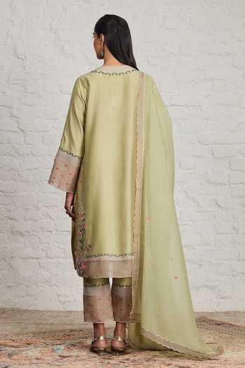 Shop_Sue Mue_Green , Organza, Chanderi, Eira Floral Embroidered Kurta Pant Set _at_Aza_Fashions