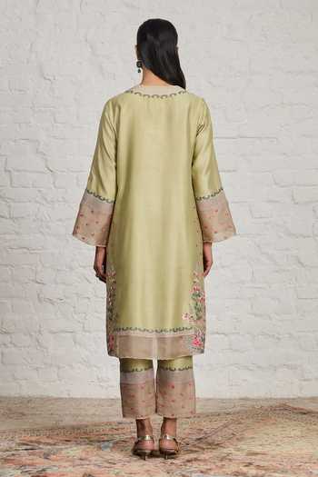 Buy_Sue Mue_Green , Organza, Chanderi, Eira Floral Embroidered Kurta Pant Set _Online_at_Aza_Fashions