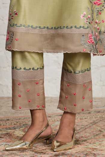 Shop_Sue Mue_Green , Organza, Chanderi, Eira Floral Embroidered Kurta Pant Set 
