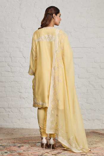 Shop_Sue Mue_Yellow Silk, Chanderi, Crepe, Muslin, Lycra Poppy Floral Embroidered Kurta Set _at_Aza_Fashions