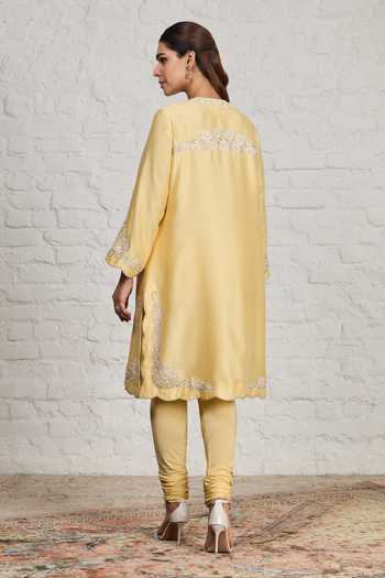 Buy_Sue Mue_Yellow Silk, Chanderi, Crepe, Muslin, Lycra Poppy Floral Embroidered Kurta Set _Online_at_Aza_Fashions