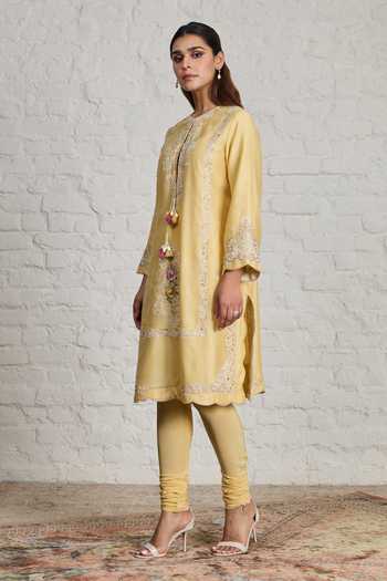 Shop_Sue Mue_Yellow Silk, Chanderi, Crepe, Muslin, Lycra Poppy Floral Embroidered Kurta Set _Online_at_Aza_Fashions