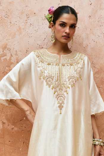 Buy_Vinita Bhansali_Ivory Silk Round Neck Aira Embroidered Kaftan And Pant Set _Online_at_Aza_Fashions
