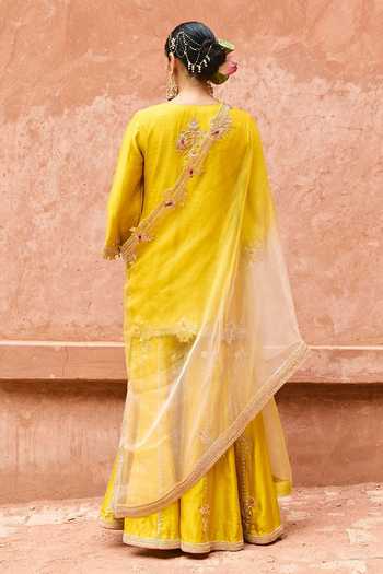 Shop_Vinita Bhansali_Yellow , Organza V-neck Rohini Embroidered Pure Sharara Set _at_Aza_Fashions