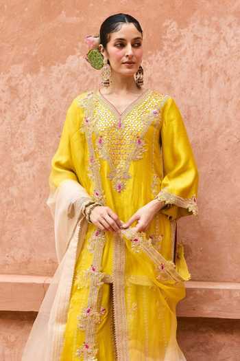 Buy_Vinita Bhansali_Yellow , Organza V-neck Rohini Embroidered Pure Sharara Set _Online_at_Aza_Fashions