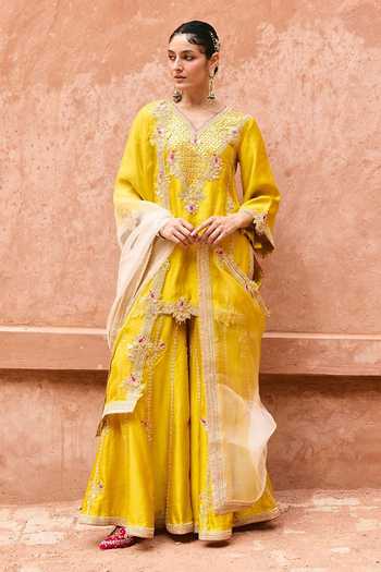 Buy_Vinita Bhansali_Yellow , Organza V-neck Rohini Embroidered Pure Sharara Set _at_Aza_Fashions