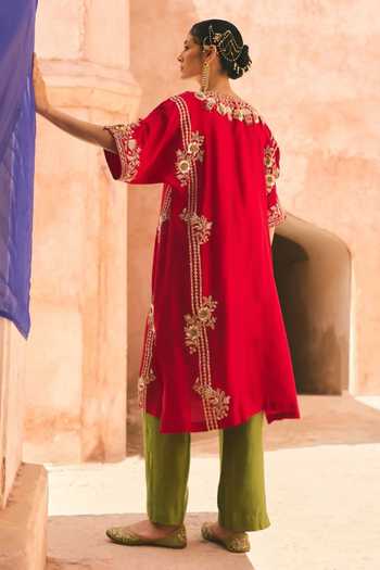 Shop_Vinita Bhansali_Red Silk V-neck Saera Embroidered Kaftan And Pant Set _at_Aza_Fashions