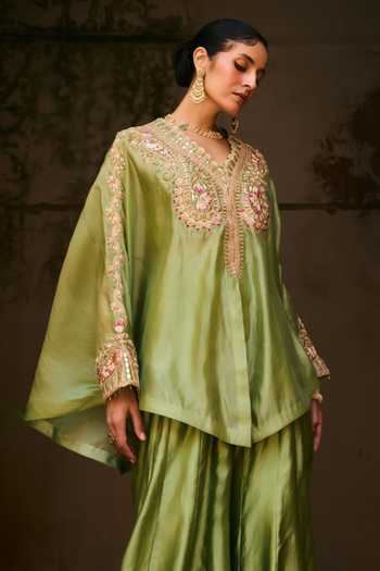 Vinita Bhansali_Green Silk V-neck Meher Embroidered Cape Sharara Set _Online_at_Aza_Fashions