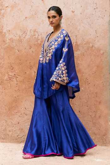 Vinita Bhansali_Blue Silk Open Neck Aavya Embroidered Cape Sharara Set _Online_at_Aza_Fashions