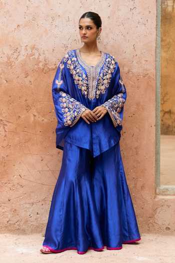 Buy_Vinita Bhansali_Blue Silk Open Neck Aavya Embroidered Cape Sharara Set _at_Aza_Fashions