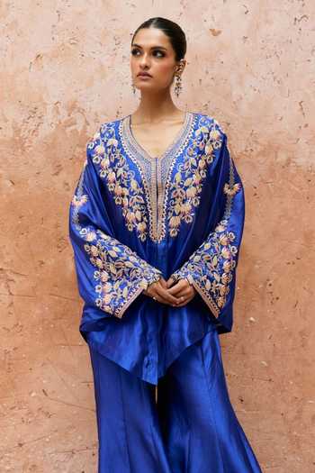 Shop_Vinita Bhansali_Blue Silk Open Neck Aavya Embroidered Cape Sharara Set _Online_at_Aza_Fashions
