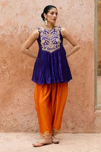 Buy_Vinita Bhansali_Purple Silk Round Neck Aarika Embroidered Kurta And Salwar Set _at_Aza_Fashions