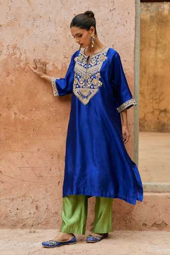 Buy_Vinita Bhansali_Blue Silk Split V-neck Neera Embroidered Kaftan And Pant Set _Online_at_Aza_Fashions