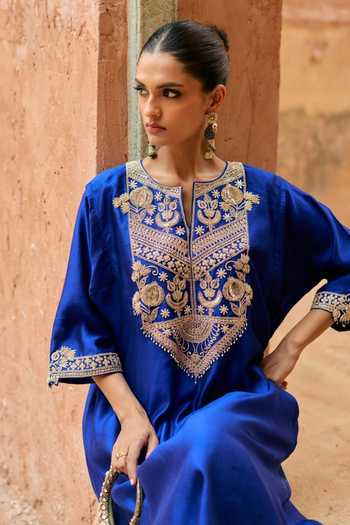 Shop_Vinita Bhansali_Blue Silk Split V-neck Neera Embroidered Kaftan And Pant Set _Online_at_Aza_Fashions