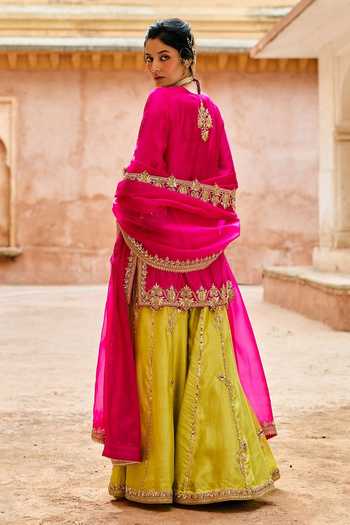 Shop_Vinita Bhansali_Pink , Organza V-neck, Yes Heer Embroidered Pure Sharara Set _at_Aza_Fashions