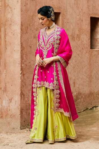 Buy_Vinita Bhansali_Pink , Organza V-neck, Yes Heer Embroidered Pure Sharara Set _Online_at_Aza_Fashions