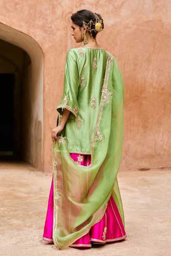 Shop_Vinita Bhansali_Green , Organza V-neck Meher Embroidered Pure Sharara Set _at_Aza_Fashions