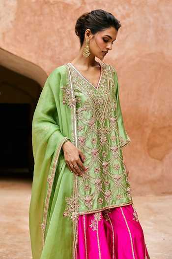 Shop_Vinita Bhansali_Green , Organza V-neck Meher Embroidered Pure Sharara Set _Online_at_Aza_Fashions