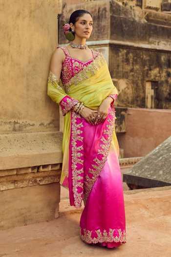 Buy_Vinita Bhansali_Pink Silk Sweetheart Neck Heer Embroidered Shaded Saree With Blouse _at_Aza_Fashions