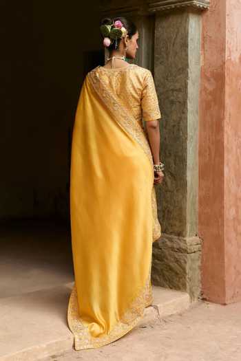 Shop_Vinita Bhansali_Yellow Silk V-neck Ruhi Pure Saree With Embroidered Blouse _at_Aza_Fashions