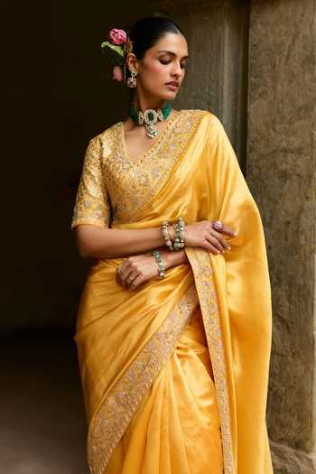 Vinita Bhansali_Yellow Silk V-neck Ruhi Pure Saree With Embroidered Blouse _Online_at_Aza_Fashions