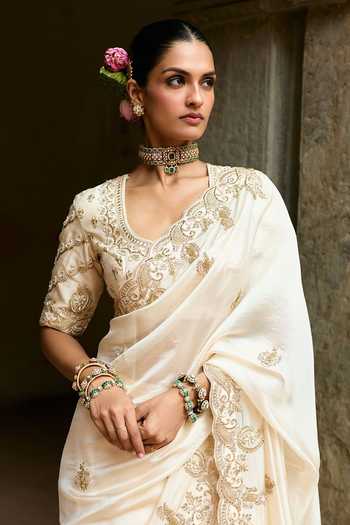 Shop_Vinita Bhansali_Ivory Silk V-neck Mahira Embroidered Saree With Blouse _Online_at_Aza_Fashions