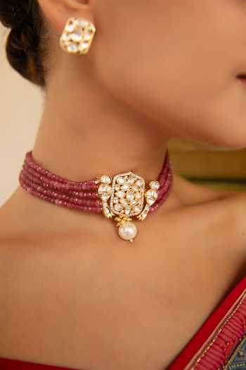 Shop_Xago_Pink Kiran Sheesh Polki Moissanite Necklace Set _at_Aza_Fashions