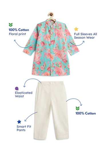 Shop_Tiber Taber_Sky Blue Cotton Floral Print Kurta And Pant Set _Online_at_Aza_Fashions
