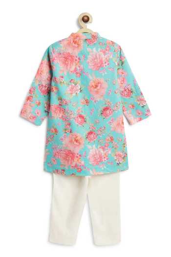 Shop_Tiber Taber_Sky Blue Cotton Floral Print Kurta And Pant Set _at_Aza_Fashions