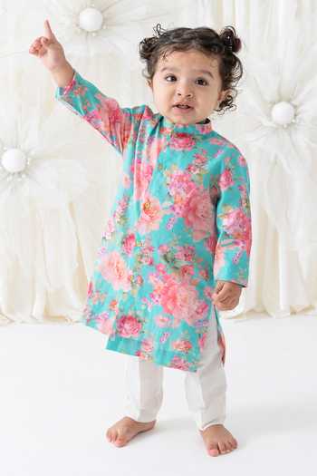 Buy_Tiber Taber_Sky Blue Cotton Floral Print Kurta And Pant Set _at_Aza_Fashions