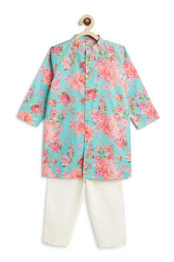 Tiber Taber_Sky Blue Cotton Floral Print Kurta And Pant Set _at_Aza_Fashions
