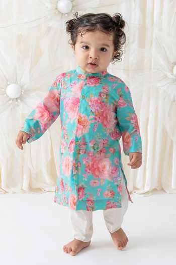 Shop_Tiber Taber_Sky Blue Cotton Floral Print Kurta And Pant Set 