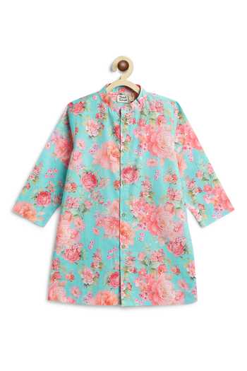 Tiber Taber_Sky Blue Cotton Floral Print Kurta And Pant Set _Online