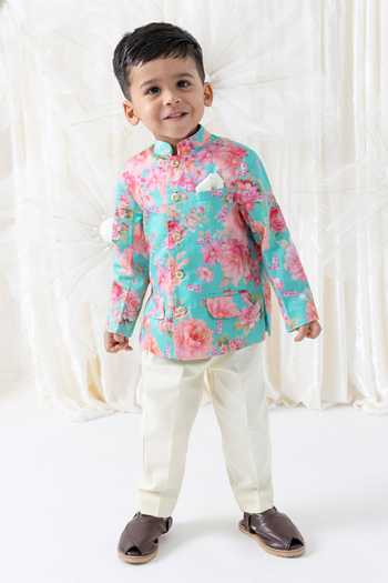 Shop_Tiber Taber_Blue Cotton Floral Print Bandhgala And Pant Set _Online_at_Aza_Fashions