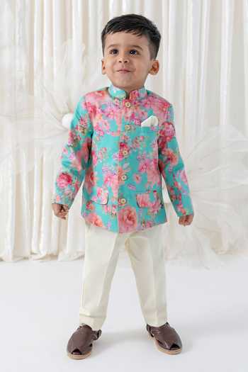 Buy_Tiber Taber_Blue Cotton Floral Print Bandhgala And Pant Set _at_Aza_Fashions