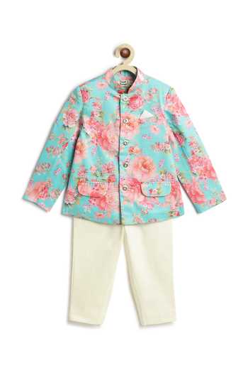 Buy_Tiber Taber_Blue Cotton Floral Print Bandhgala And Pant Set 