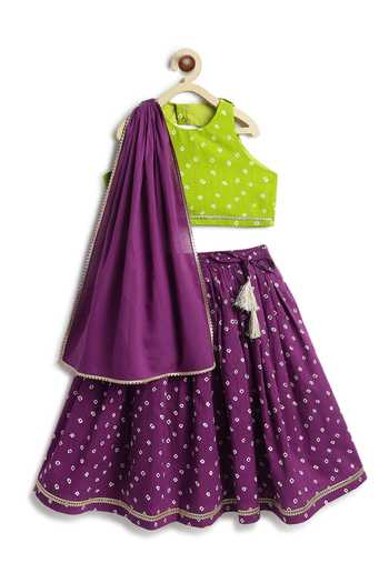 Shop_Tiber Taber_Purple Cotton, Viscose Bandhani Print Lehenga Set 