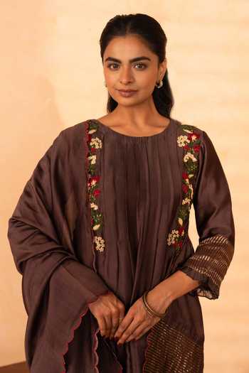 Gulabik Jaipur_Brown Chanderi Round Neck, Yes Firdaus Embroidered Kurta Set _Online_at_Aza_Fashions