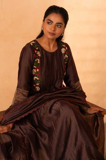 Shop_Gulabik Jaipur_Brown Chanderi Round Neck, Yes Firdaus Embroidered Kurta Set _Online_at_Aza_Fashions