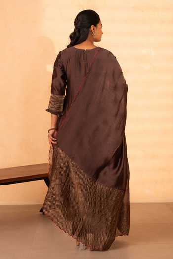 Shop_Gulabik Jaipur_Brown Chanderi Round Neck, Yes Firdaus Embroidered Kurta Set _at_Aza_Fashions
