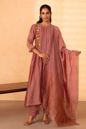 Buy_Gulabik Jaipur_Pink Chanderi Round Neck, Yes Firdaus Embroidered Kurta Set _at_Aza_Fashions