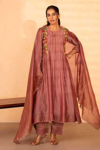 Gulabik Jaipur_Pink Chanderi Round Neck, Yes Firdaus Embroidered Kurta Set _Online_at_Aza_Fashions