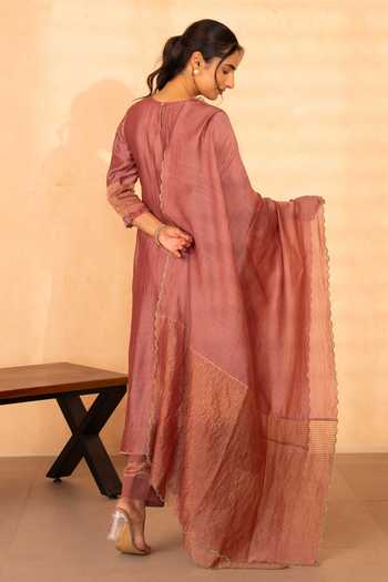 Shop_Gulabik Jaipur_Pink Chanderi Round Neck, Yes Firdaus Embroidered Kurta Set _at_Aza_Fashions